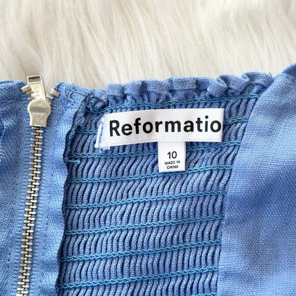 REFORMATION Desiree Linen Mini Dress Ruffle Sweetheart Bustier Tie Strap Blue - Picture 11 of 15